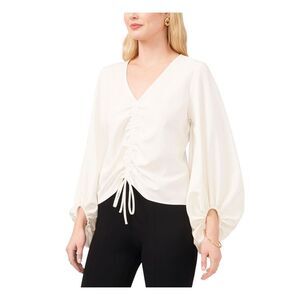 MSK PETITES Womens Ivory Peasant Sleeve Tie Unlined V Neck Blouse Petites PS